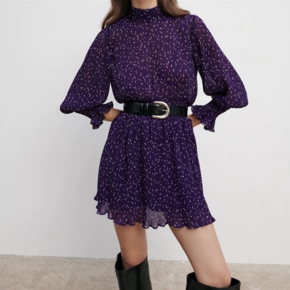 Zara Purple Polka Dot Long Sleeve Ribbed Mini Dress Shorts Medium